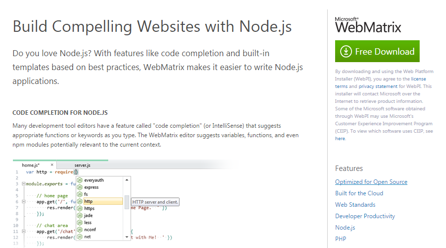 WebMatrix IDE for Node.js development