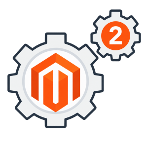 A schematic representation of Magento 2 system requirements, showing the Magento logo inside a large gear with a smaller gear labeled “2” above it.