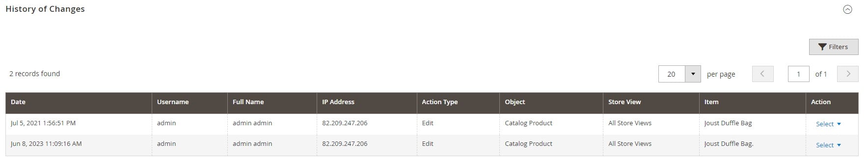 Magento 2 admin activity log: product history of changes