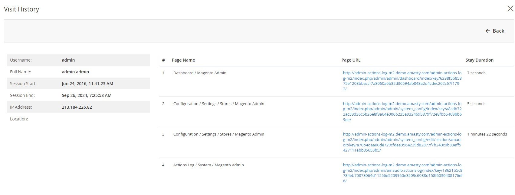 Magento 2 admin activity log: show visit history