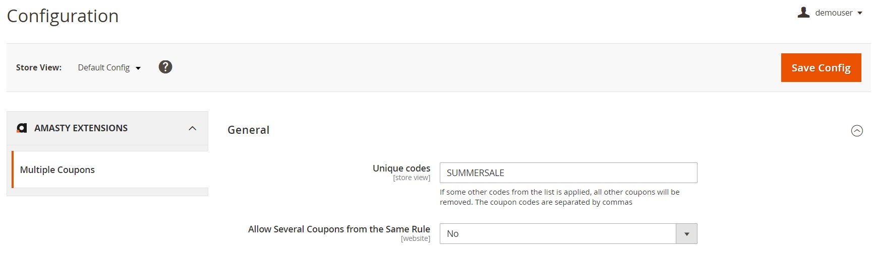 Amasty Multiple Coupons Magento 2 extension configuration