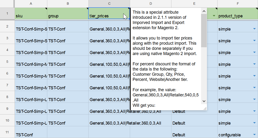 Magento 2 Google Sheets integration: tier price import