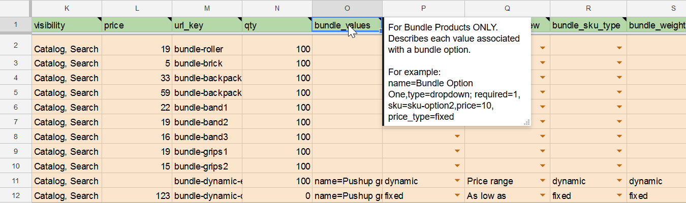 Magento 2 bundle product attributes and values table
