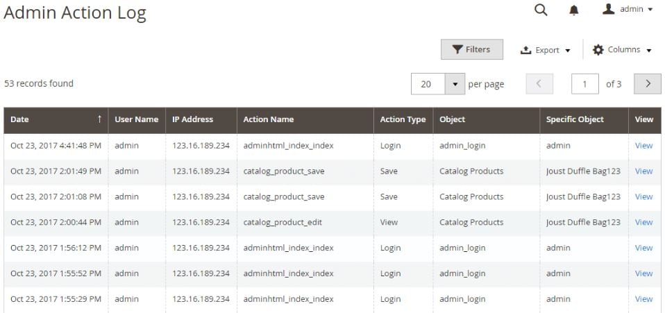 Magento 2 admin Action log extension