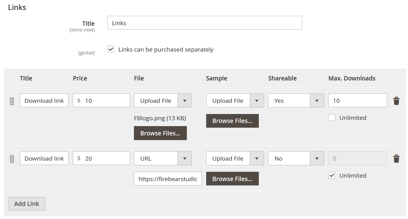 Magento 2 Downloadable Product links configuration