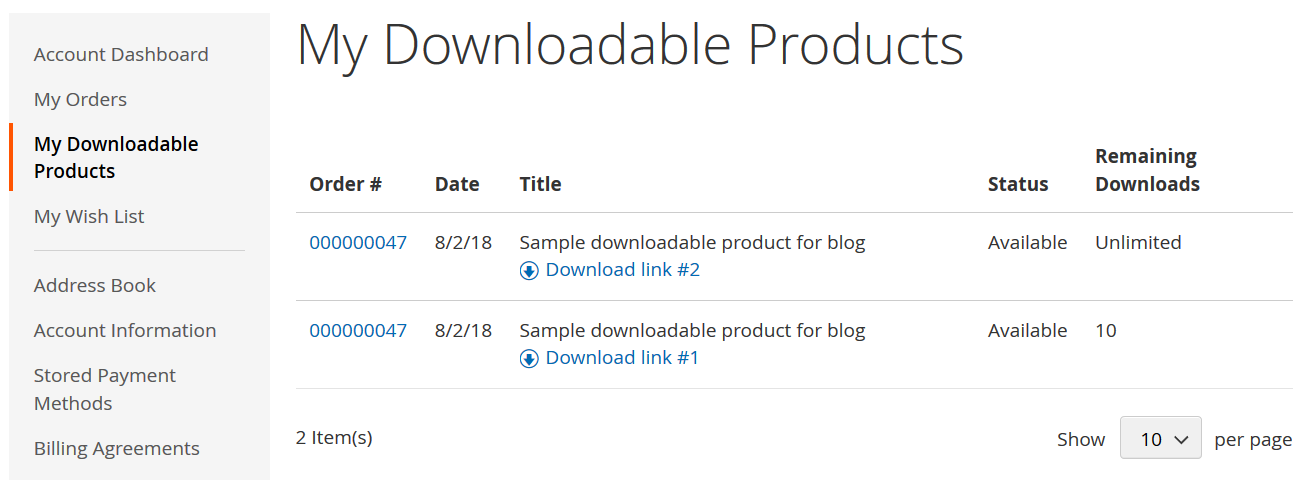Magento 2 Downloadable Product links in a customer account