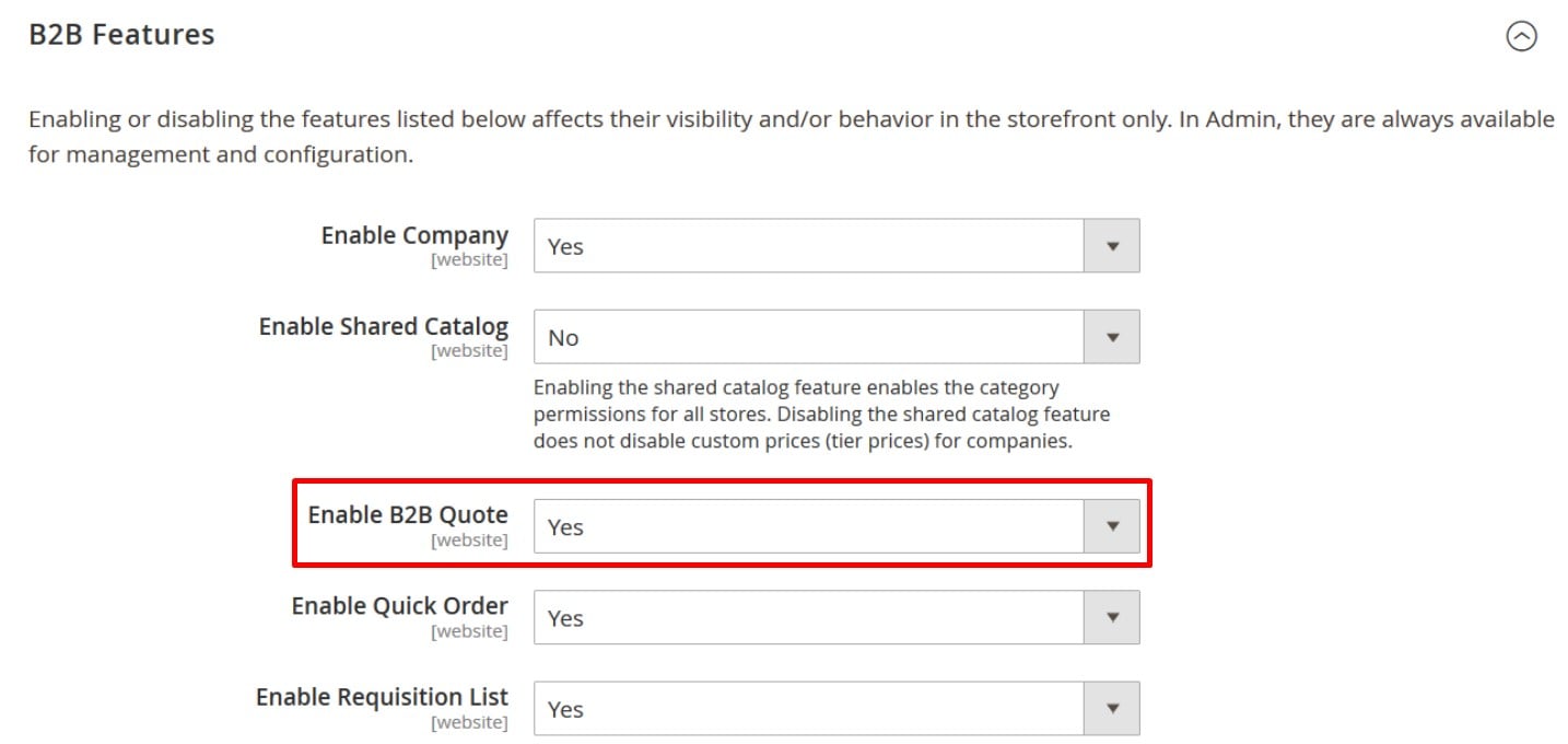 enable the magento 2 b2b quote functionality