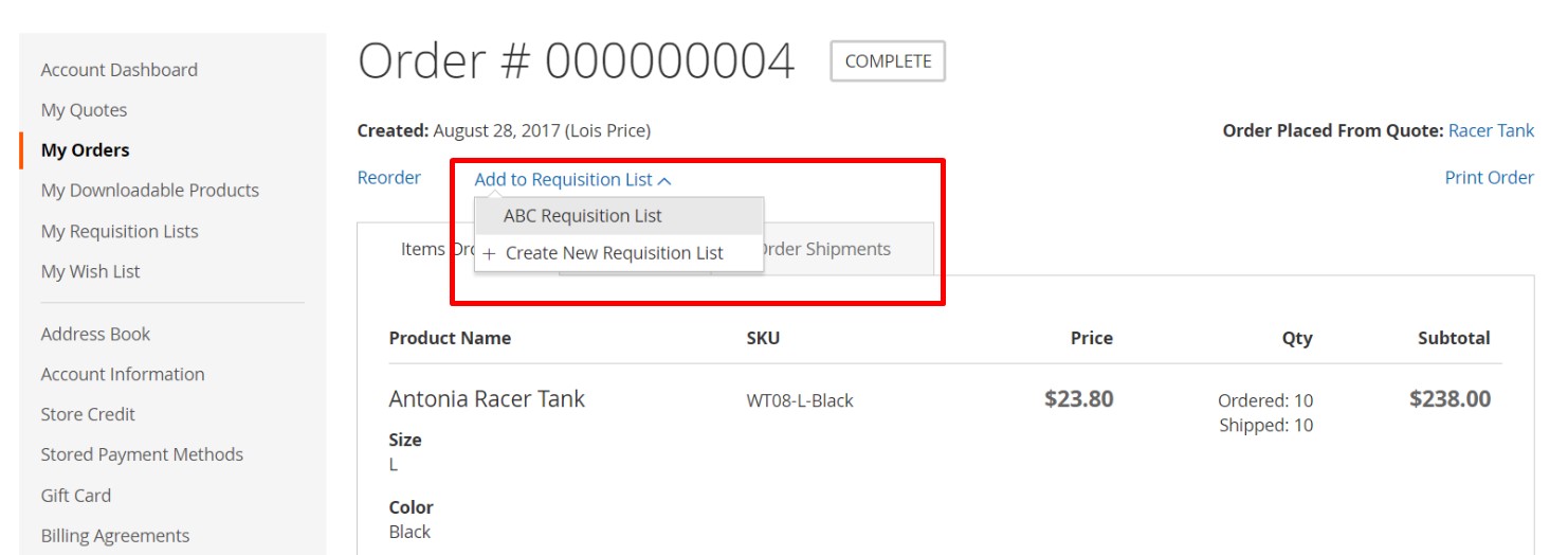 create a new Requisition List in magento 2