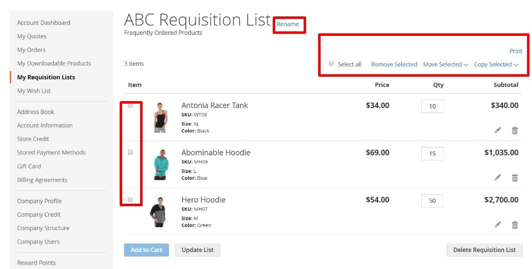 manage Magento 2 B2B Requisition Lists