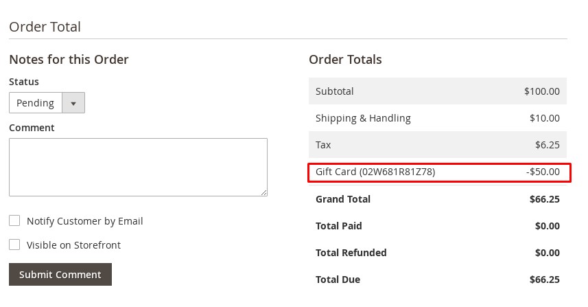 magento 2 gift card redeemed - admin order view