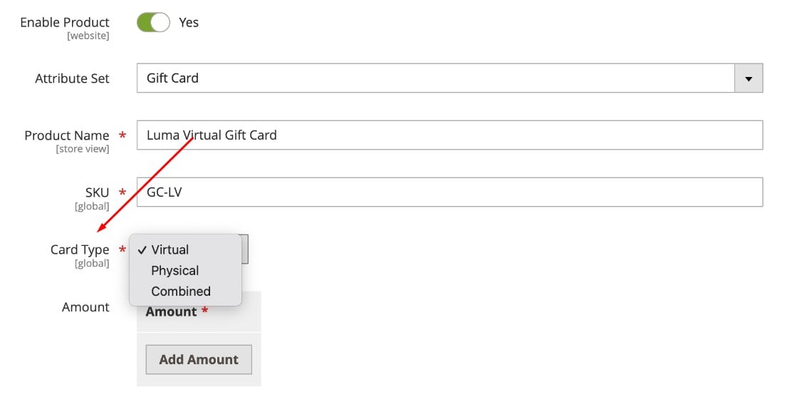 create magento 2 gift card product: select card type