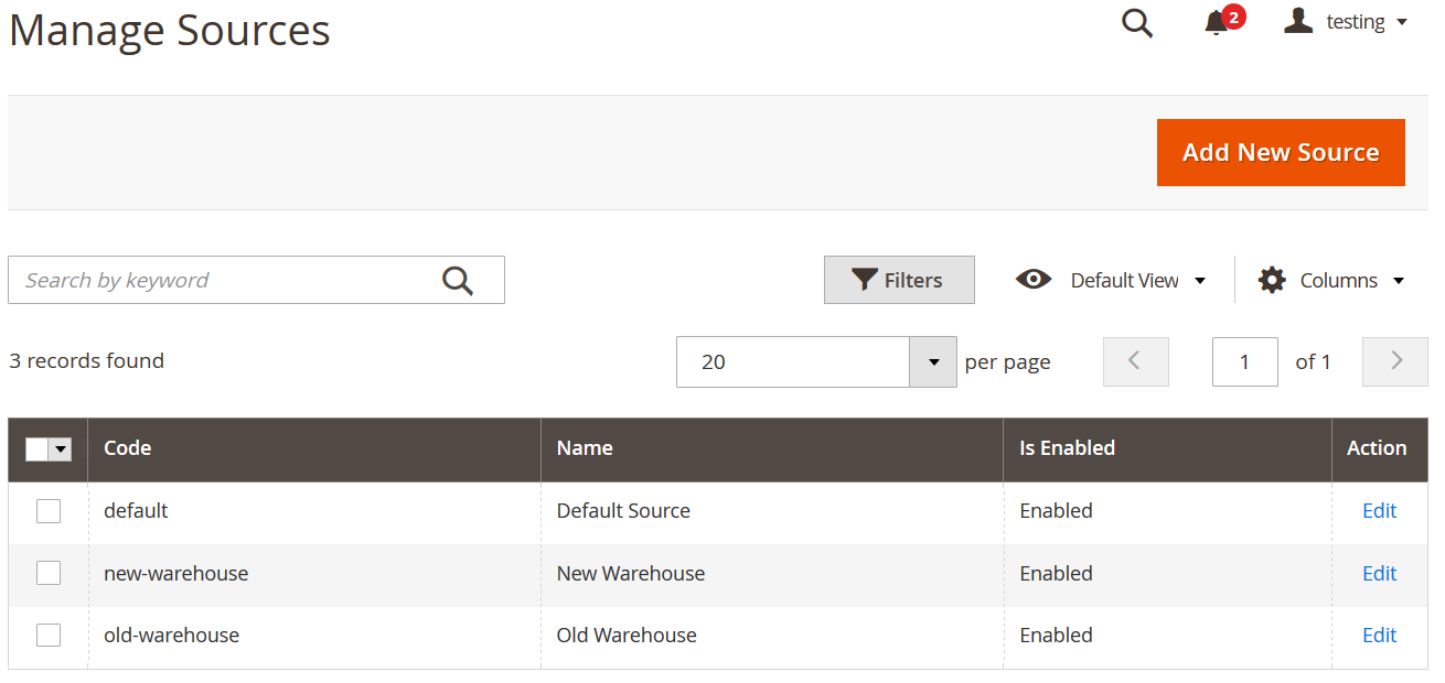 Magento 2 MSI User Guide: manage sources screen