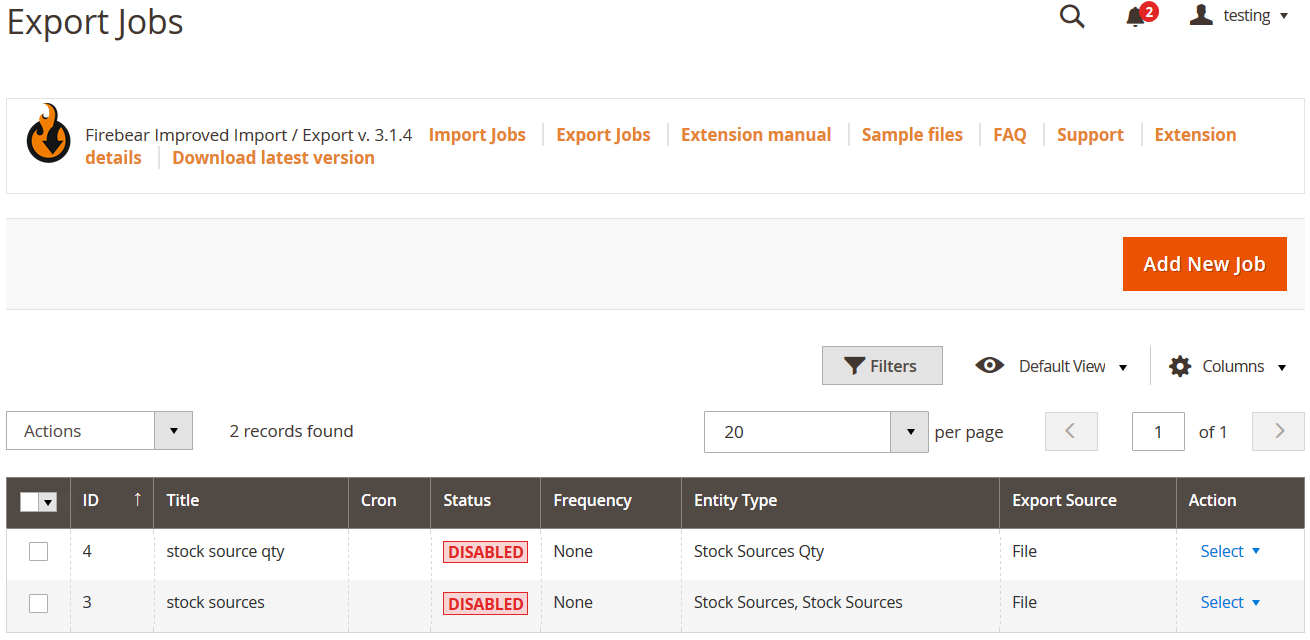 Magento 2 MSI User Guide: add new export job