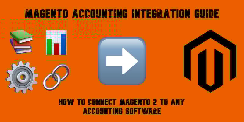 illustrative image for the Magento Accounting Integration Guide with emojis, magento logo, and text on orange background