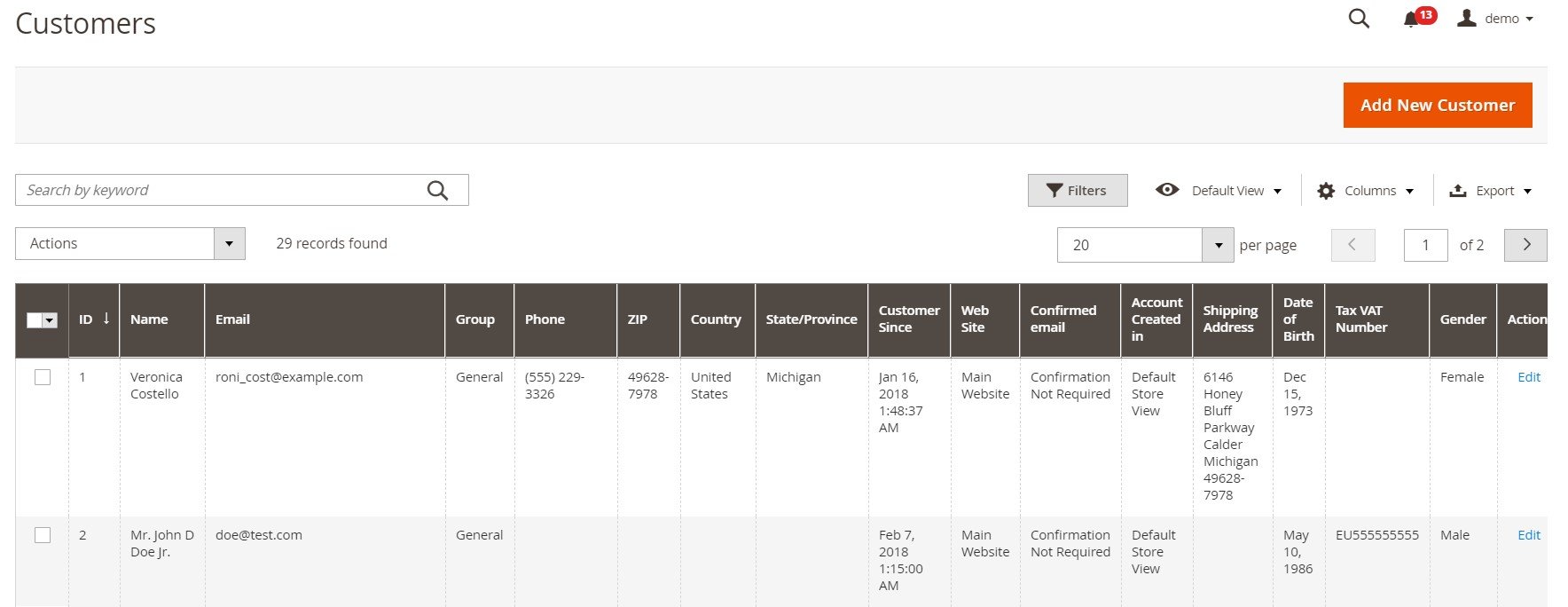 Magento 2 customers import export add edit