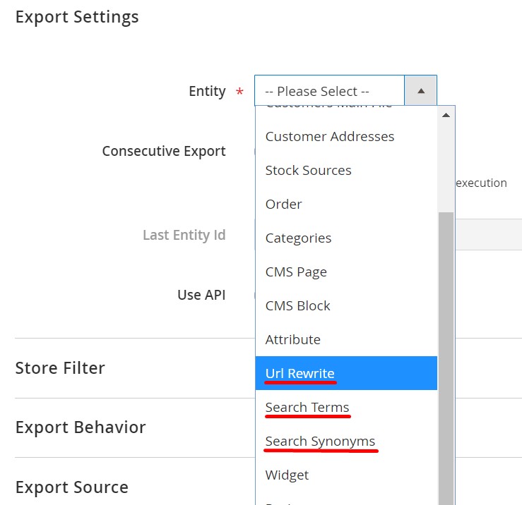 Magento 2 URL rewrites search synonyms terms export