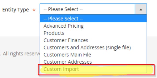 magento 2 import custom csv programmatically: select entity type