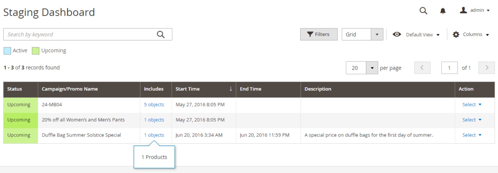 Magento 2 content staging dashboard