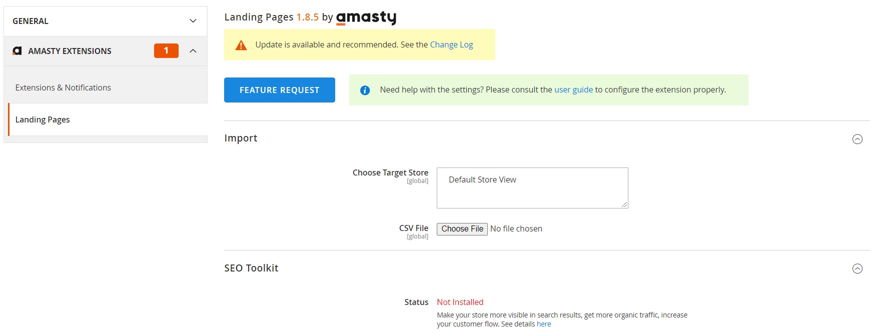 Magento 2 Amasty Landing Pages configuration settings