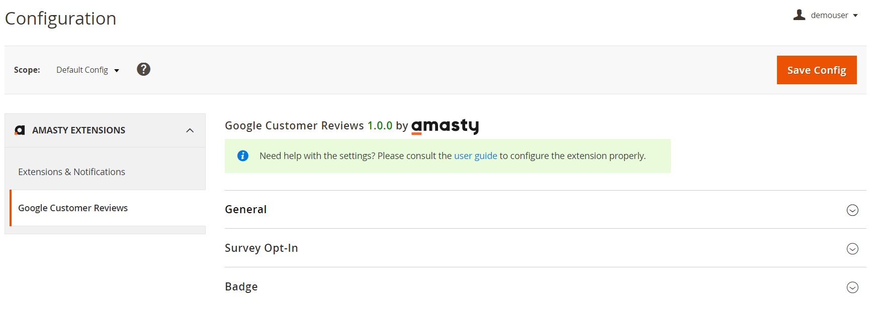 Amasty Magento 2 Google Customer Reviews extension backend
