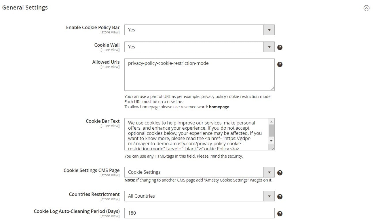 Amasty Cookie Consent Magento 2 module configuration