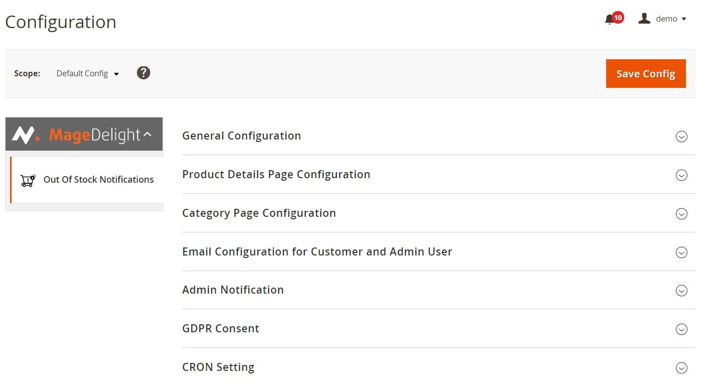 MageDelight Out of Stock Notification Magento 2 Extension backend