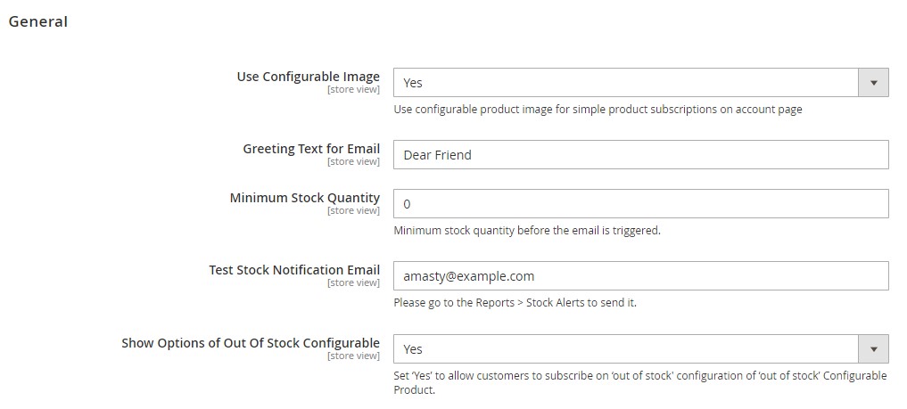 general settings of the Magento 2 Out of Stock Notification Extension