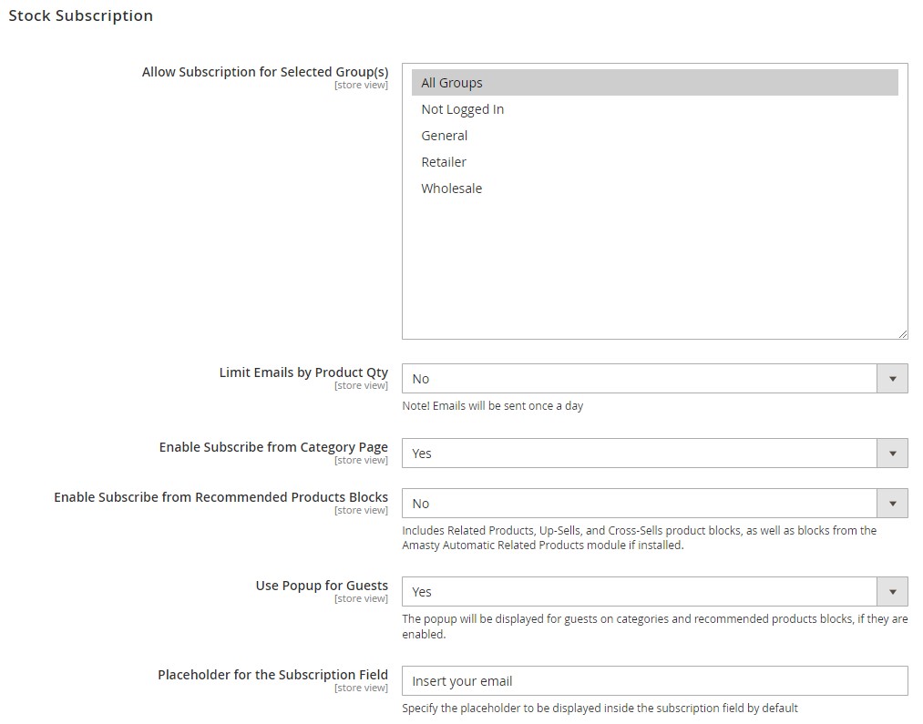 stock subscription settings of the Magento 2 Out of Stock Notification Extension