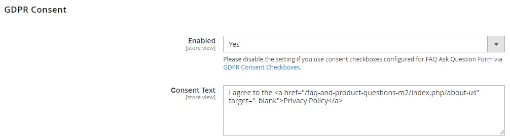 Magento 2 FAQ module GDPR settings