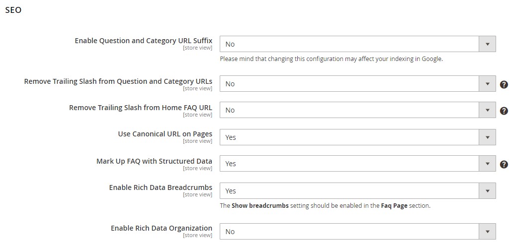 Magento 2 FAQ extension SEO settings