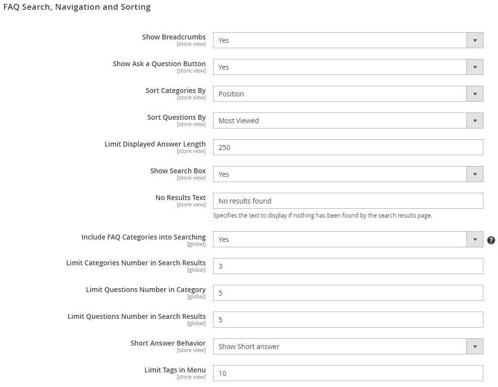 Magento 2 FAQ extension Search, Navigation and Sorting settings