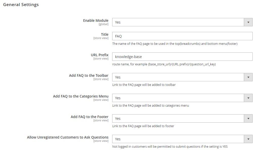 Magento 2 FAQ extension general settings