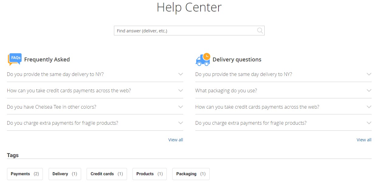 help center based on the Magento 2 FAQ extension by amasty