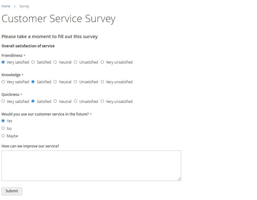 Magento 2 custom survey form