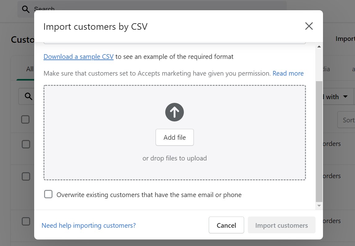 shopify import customers: browse CSV