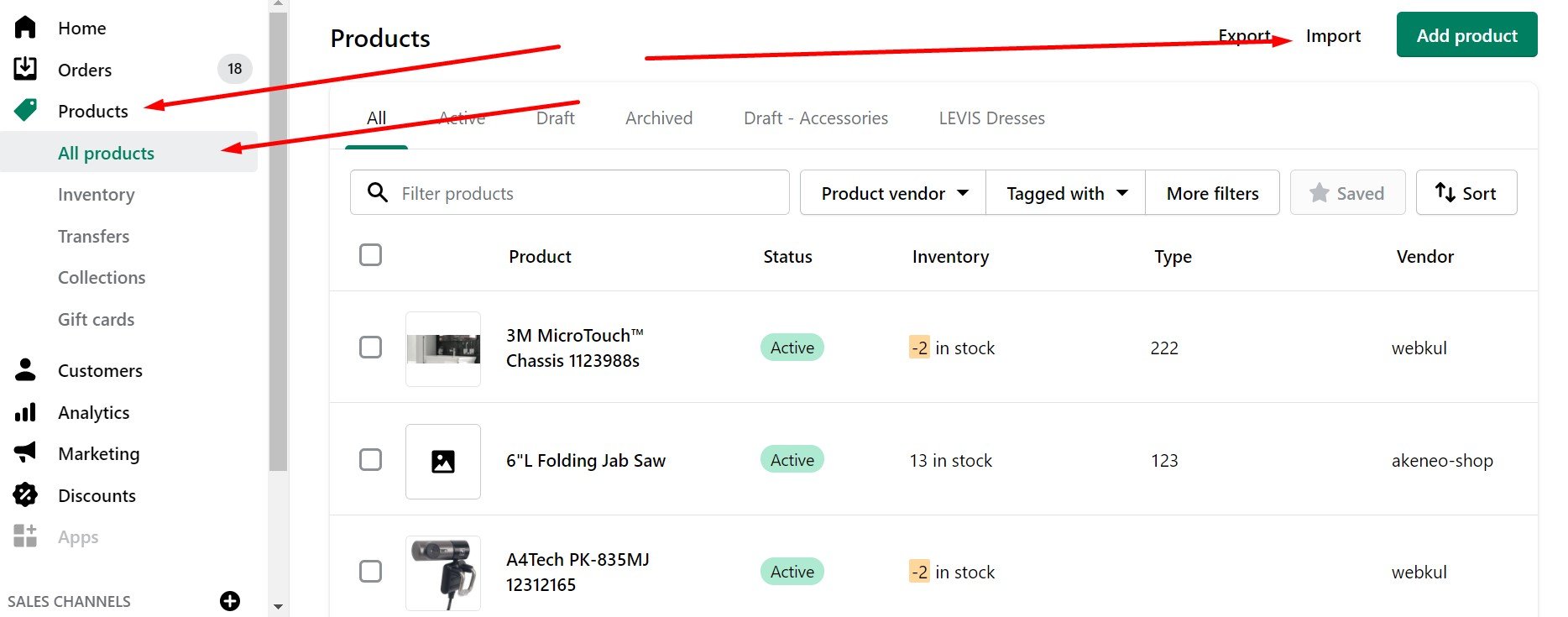 shopify product import on the main product screen