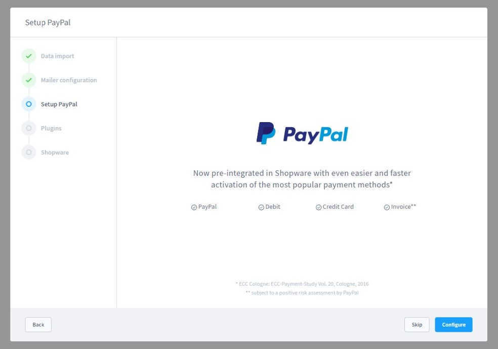 Shopware 6 first time run wizard configure PayPal