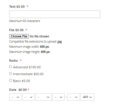 Customizable options Magento 2: types