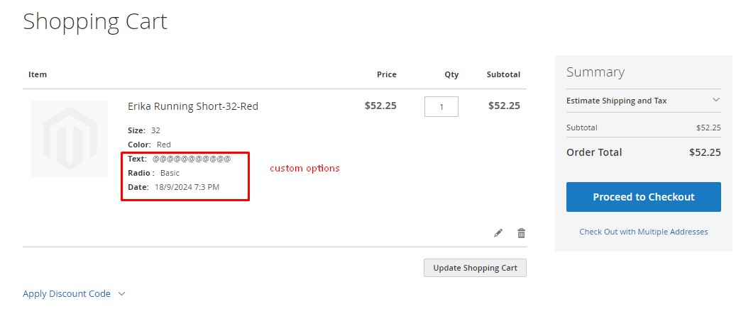 Customizable options Magento 2 shopping cart