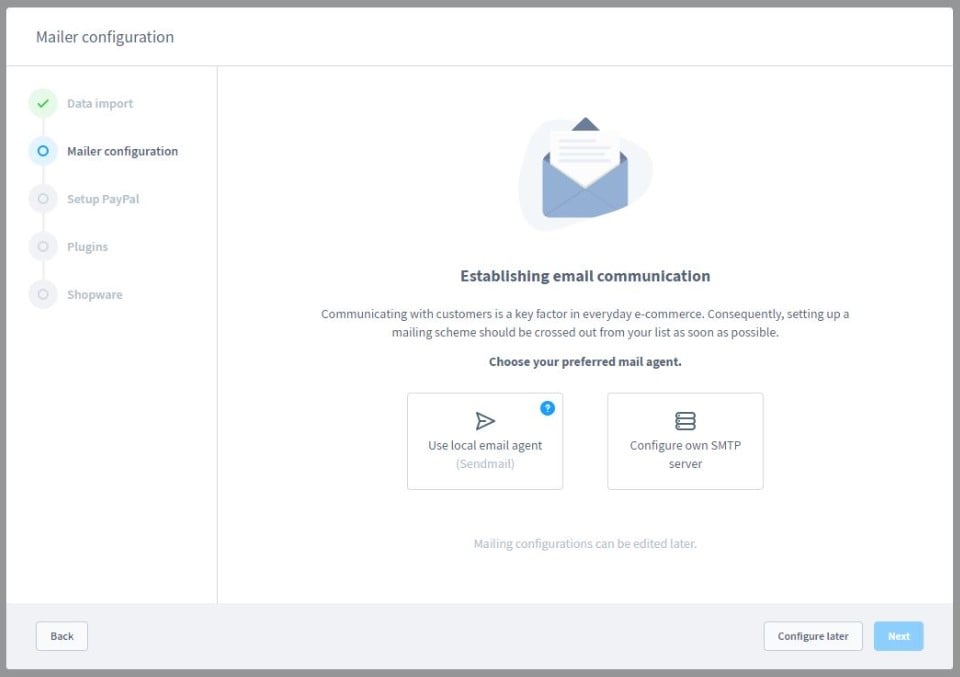 Shopware 6 first time run wizard mailer config