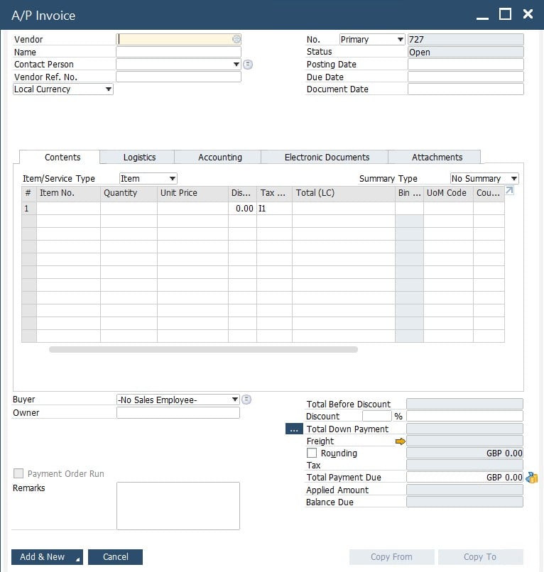 SAP B1 purchasing and A/P documents