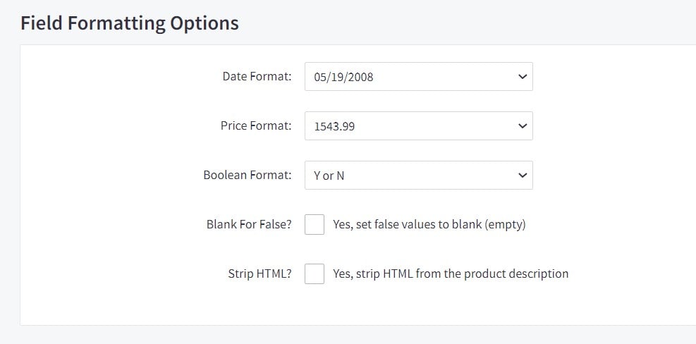 Bigcommerce export template Field Formatting Options