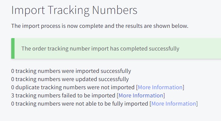 tracking number import results