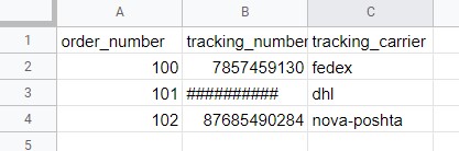 import tracking numbers CSV columns and fields