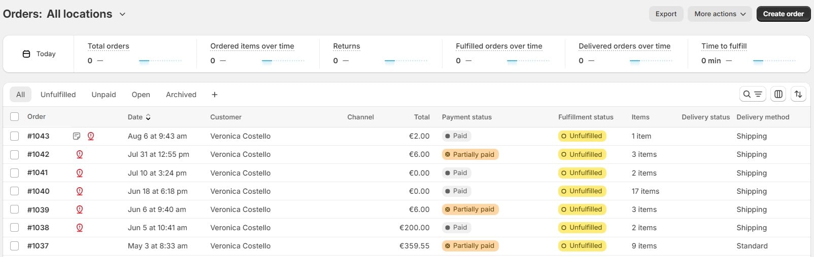 Shopify Orders in the admin area