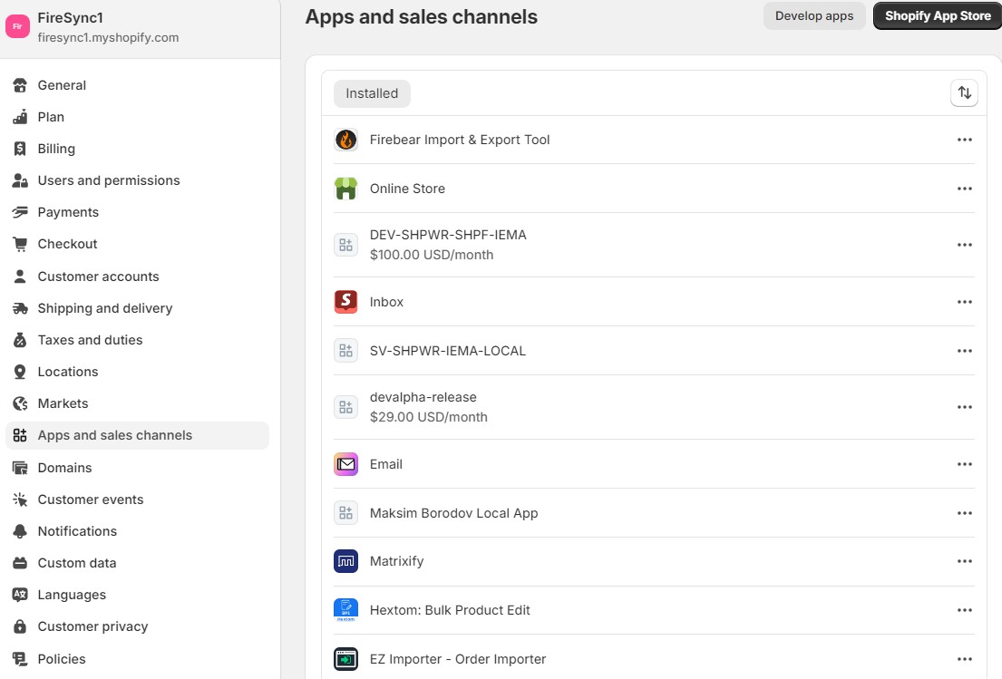 apps and sales channel settings in the admin area of your Shopify website