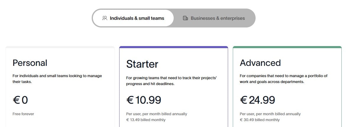 Asana pricing plans for individuals and small teams