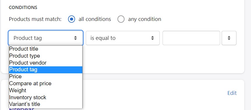 Shopify Collections condition parameter