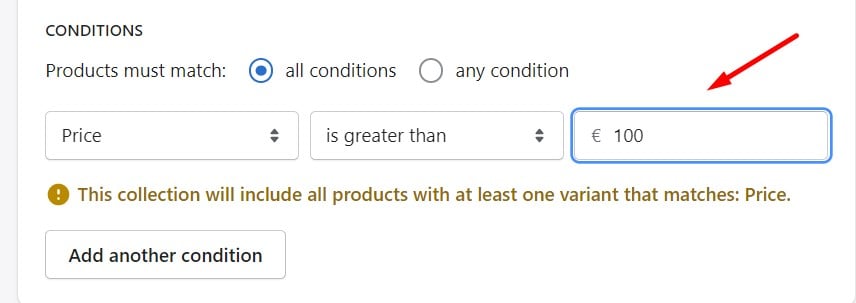 Shopify Collections condition value