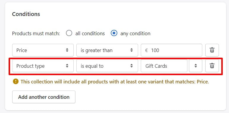 how to add Shopify gift cards to collections